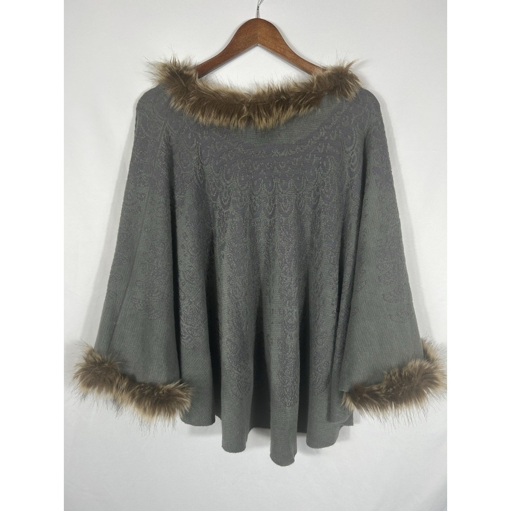 VTG Womens Grey Brown Faux Fur Trim Knit Cape Poncho Top One Size‎ Old Money Y2K